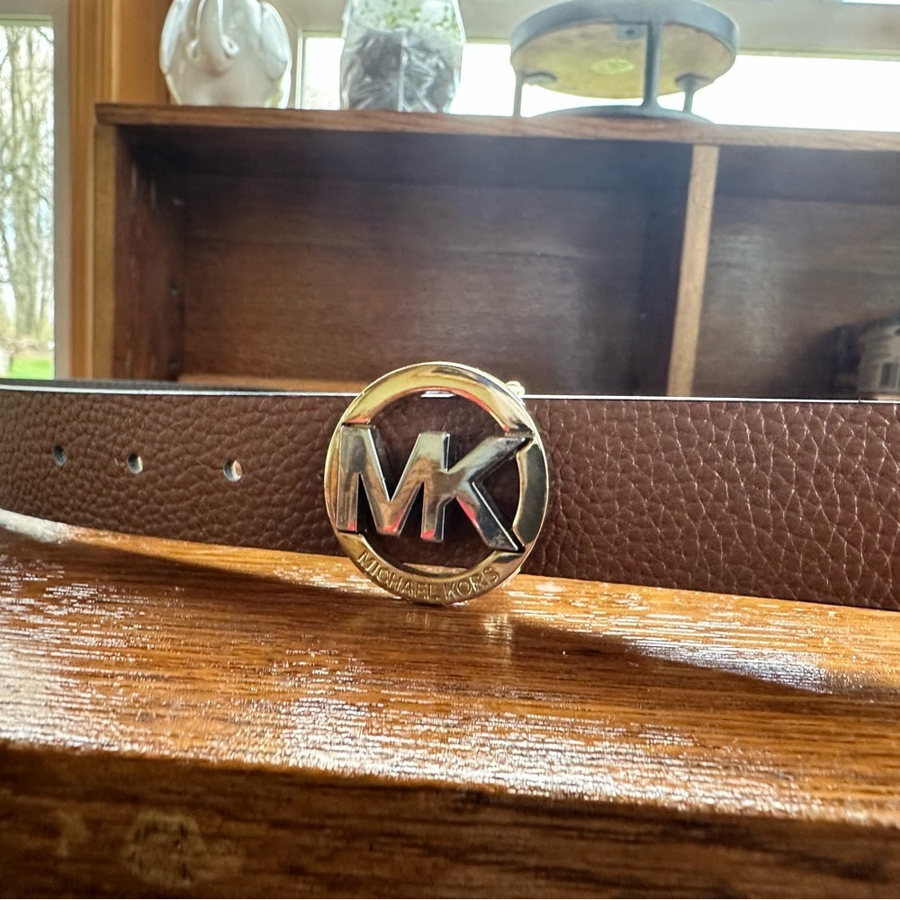 Michael Kors Black Monogram Belt with Gold MK Buckle - Picture 3 of 4